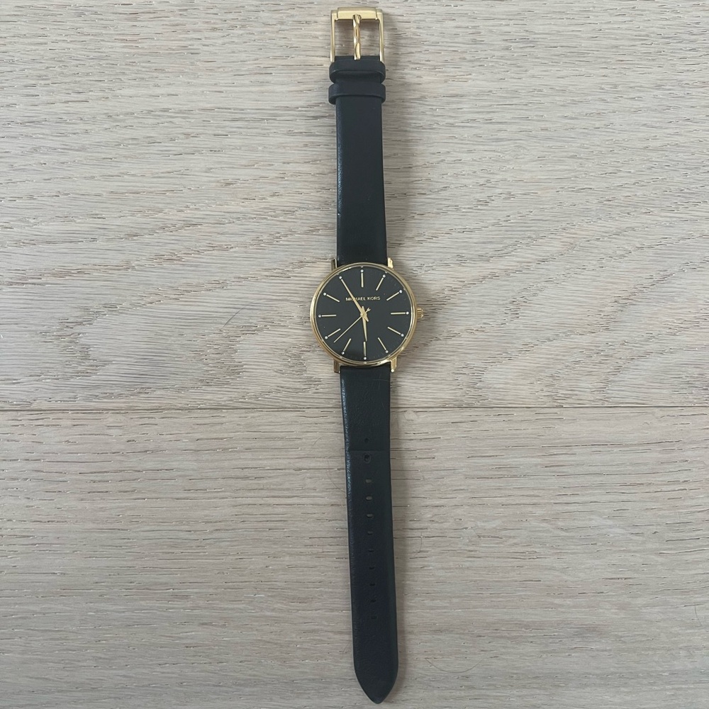 Michael Kors Black and Gold Women's Watch with Leather Strap